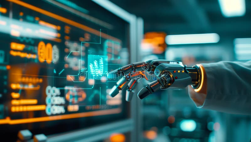 A robotic hand is touching a computer screen by image stock images.
