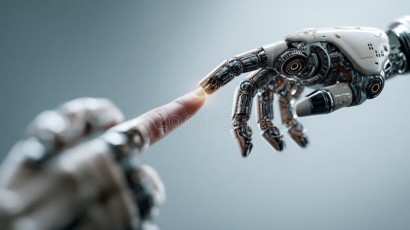Robotic hand touching human finger artificial intelligence concept future technology interconnection creativity innovation stock illustration