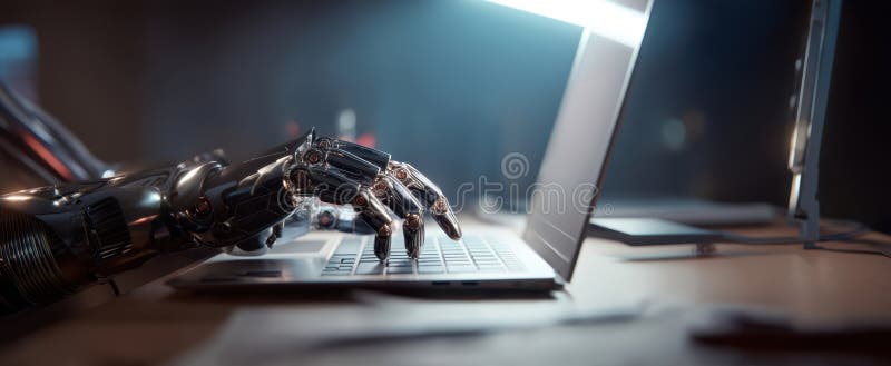 The robotic hand typing on a laptop in a futuristic workspace.. image stock images.