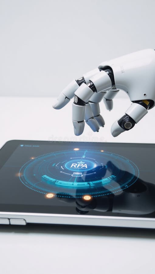 Robotic hand verifies accurate data using RPA software for seamless integration with business systems royalty free illustration