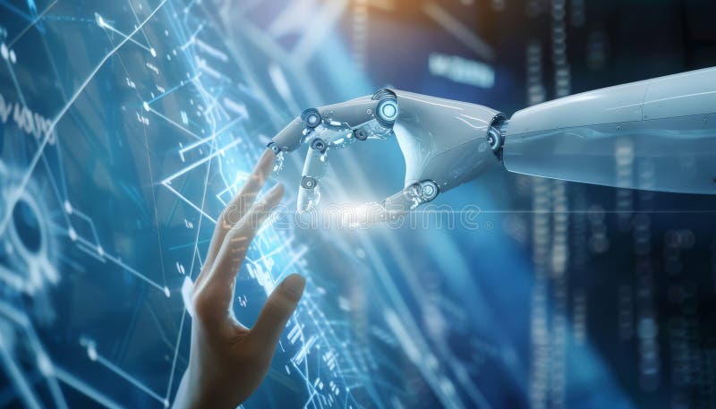 Mâini robotizate care se conectează cu un concept energetic strălucitor al colaborării și tehnologiei Ai prin imagini generate de Ai.