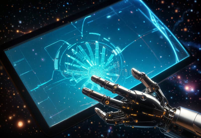 Robotic hands and the data tools of the future world stock photography