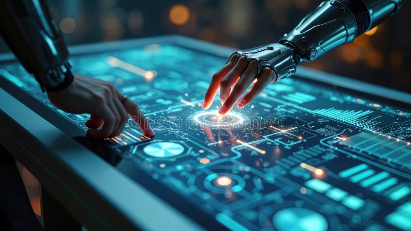 Robotic hands interact with high-tech touchscreen in futuristic setting. stock photo