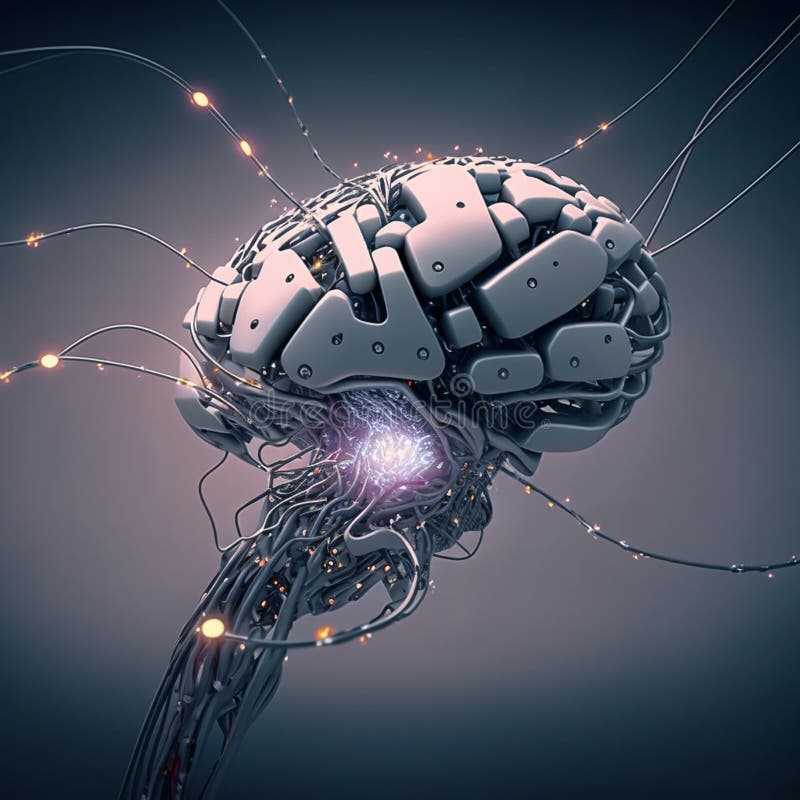 Robotic human brain with detailed circuits. Concept art of artificial intelligence, brain power or energy vector illustration