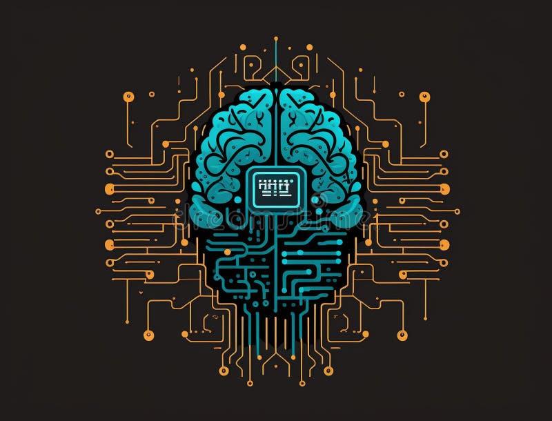 Robotic human brain with detailed circuits. Concept art of artificial intelligence, machine learning, brain power or energy stock illustration