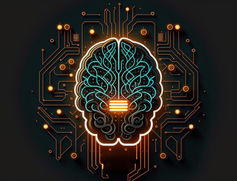 Robotic human brain with detailed circuits. Concept art of artificial intelligence, machine learning, brain power or energy royalty free illustration