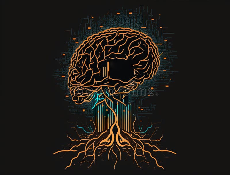 Robotic human brain with detailed circuits. Concept art of artificial intelligence, machine learning, brain power or energy royalty free illustration