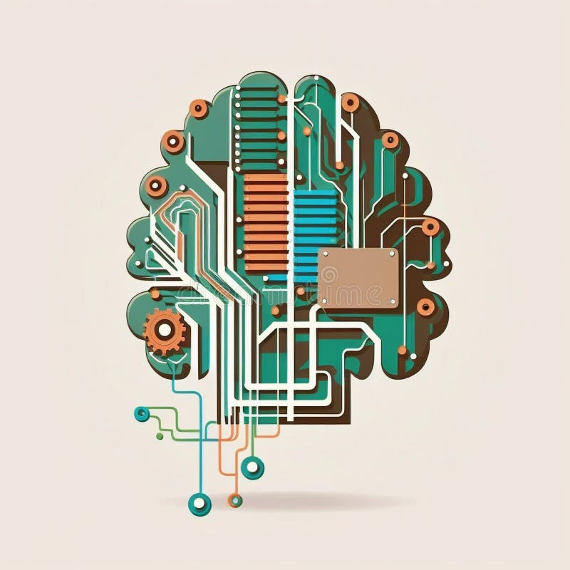 Robotic human brain with detailed circuits. Concept art of artificial intelligence, machine learning, brain power or energy royalty free illustration