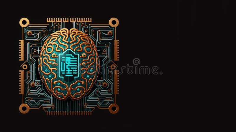 Robotic human brain with detailed circuits. Concept art of artificial intelligence, machine learning, brain power or energy stock illustration