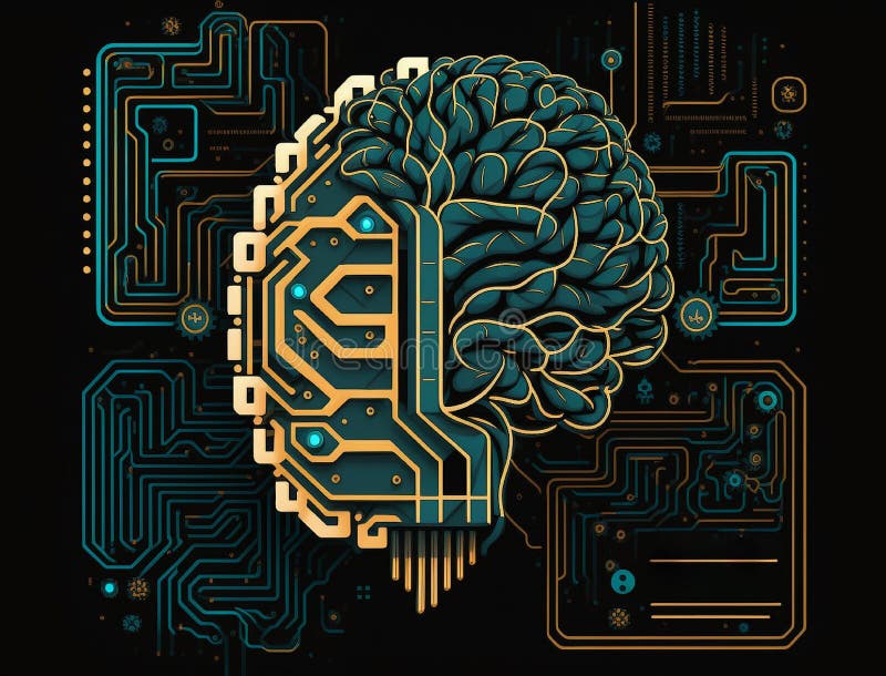 Robotic human brain with detailed circuits. Concept art of artificial intelligence, machine learning, brain power or energy stock illustration