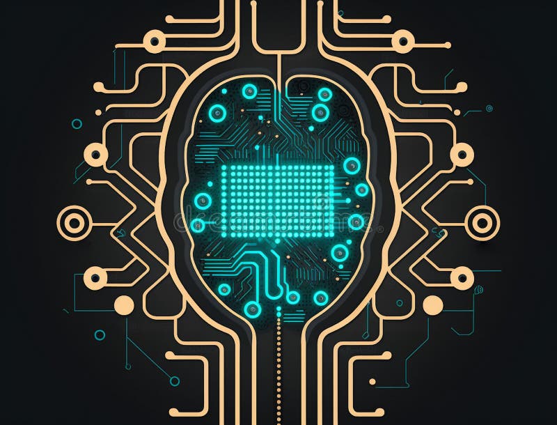 Robotic human brain with detailed circuits. Concept art of artificial intelligence, machine learning, brain power or energy royalty free illustration