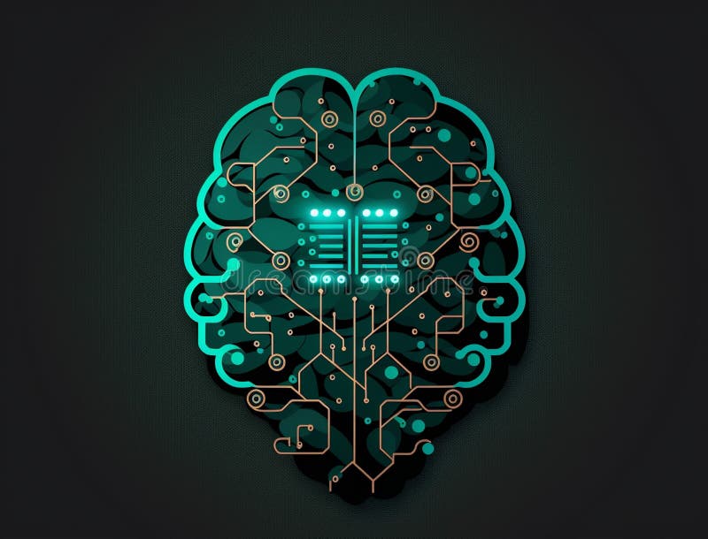 Robotic human brain with detailed circuits. Concept art of artificial intelligence, machine learning, brain power or energy vector illustration