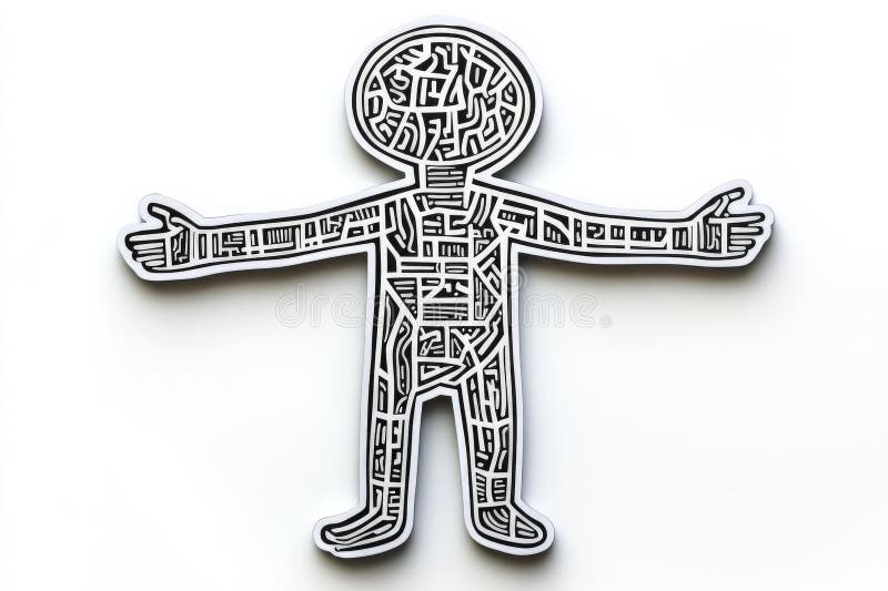 Robotic human figure outlined abstract circuit patterns symbolizing human machine connection digital systems technology driven vector illustration