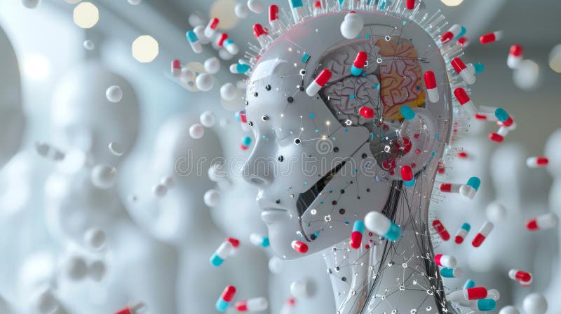 Robotic human head with capsules and neural connections stock illustration