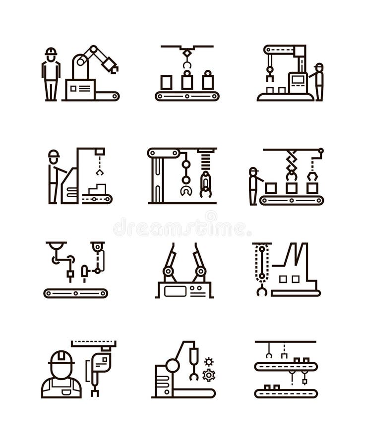 Robotic manufacturing assembly lines and automatic conveyor with manipulators line vector icons royalty free illustration