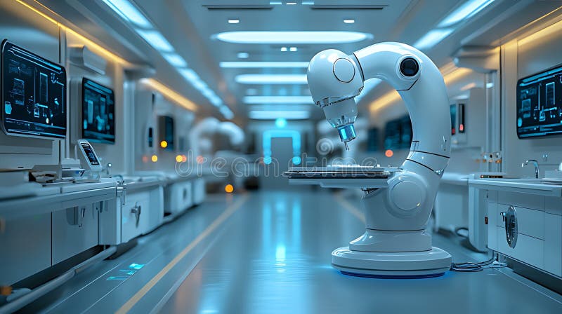 Robotic microscope in futuristic lab hallway vector illustration