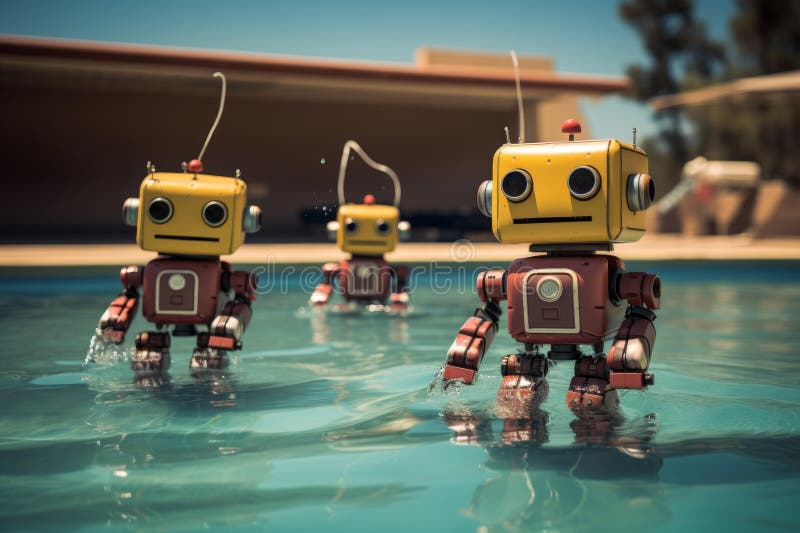 Robotic pool party: playful bots splashing water stock photos