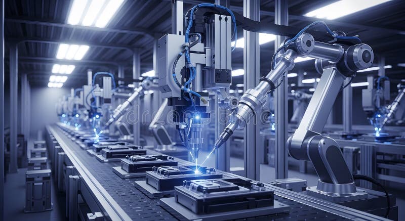 Robotic Precision: Automated Assembly Line with Advanced Manufacturing Technology stock illustration
