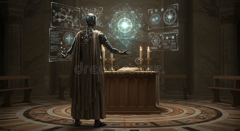 Robotic Priest Conducts a Digital Ritual in Ancient Temple vector illustration