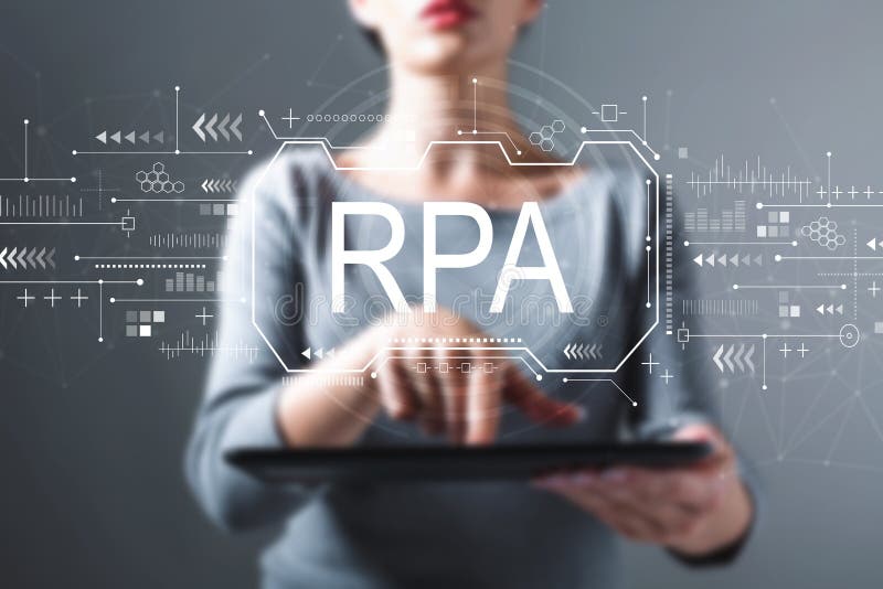 Robotic process automation concept with woman using a tablet royalty free stock image