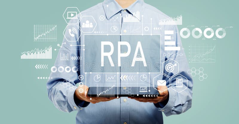 Robotic process automation concept with man holding a tablet royalty free stock images Robotic process automation concept with man holding a tablet royalty free stock images