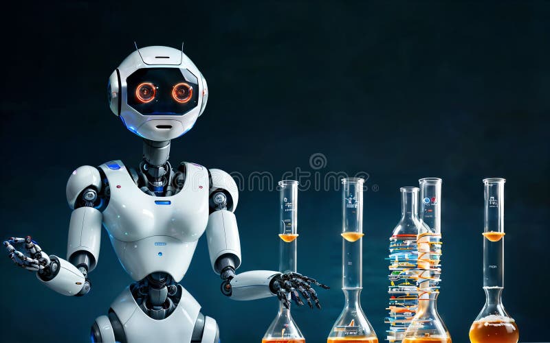 Oameni de știință roboți din laborator care studiază viitorul descoperirii științifice și al inovării stock illustration