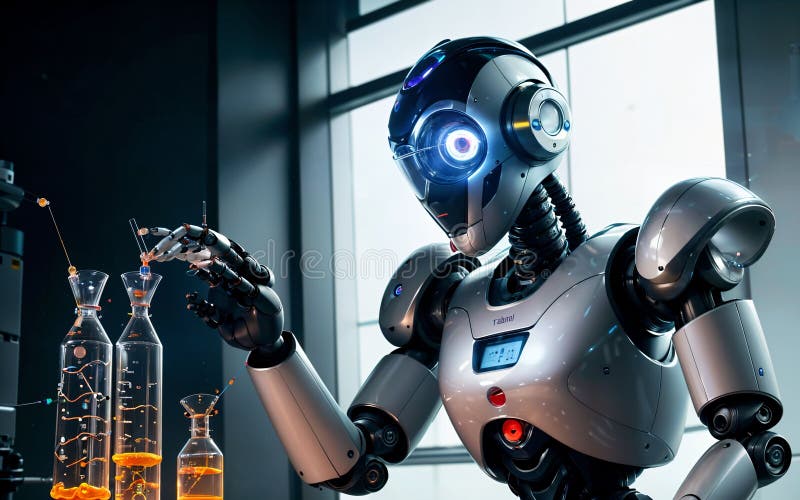 Oameni de știință roboți din laborator care studiază viitorul descoperirii științifice și al inovării vector illustration
