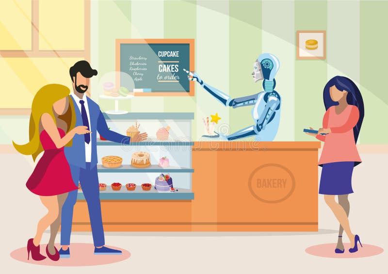 Robotic Shop Assistant in Bakery Flat Illustration vector illustration Robotic Shop Assistant in Bakery Flat Illustration vector illustration