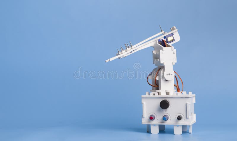 Robotic simulator on blue panorama background with empty space
