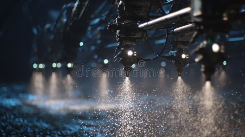 Robotic sprayers applying chalk in organized chaos stock images