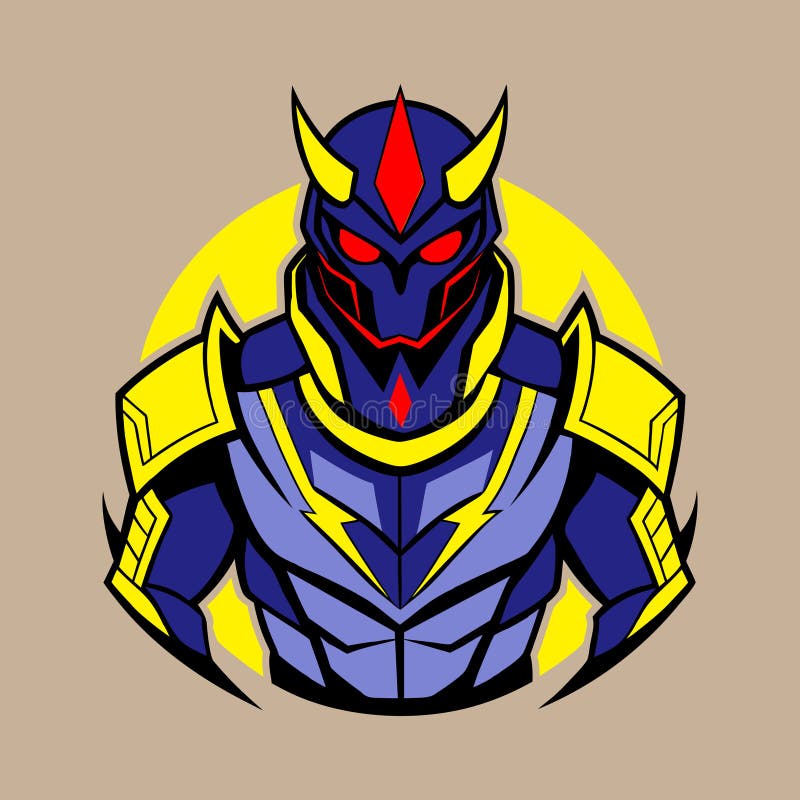 Robotic warrior with glowing red eyes futuristic armor sports logo vector illustration