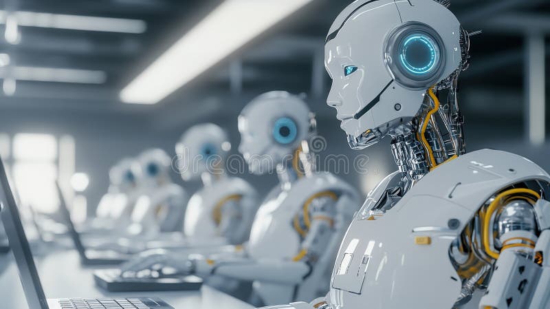 Robotic Workforce A Line of Humanoid Robots Working on Laptops in a Sterile Office Setting royalty free stock photo