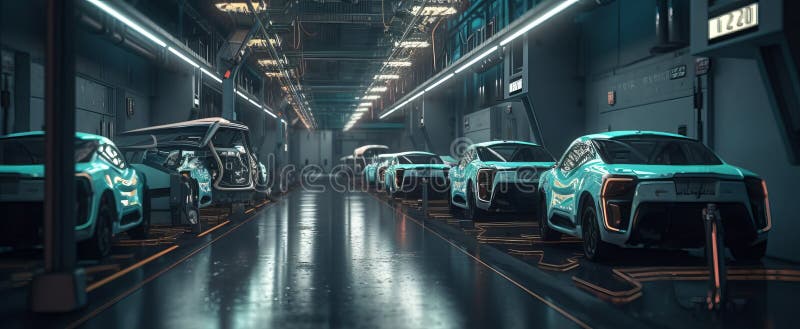 Robotica automatizzata auto elettriche futuristiche produzione di linee generali di produzione illustrazione vettoriale