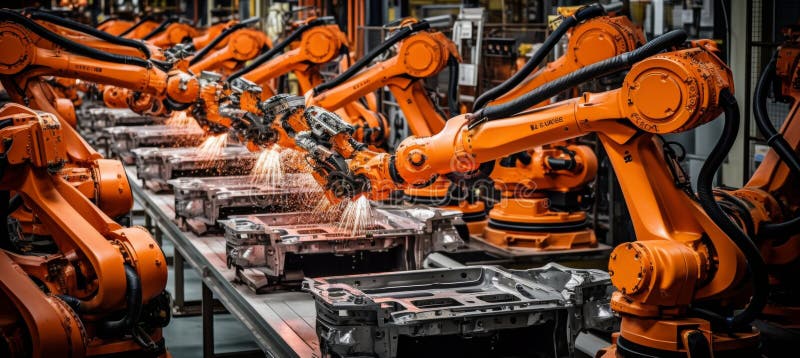 Robotica automatizzata futuristica che assembla auto elettriche su una linea di produzione high tech illustrazione di stock