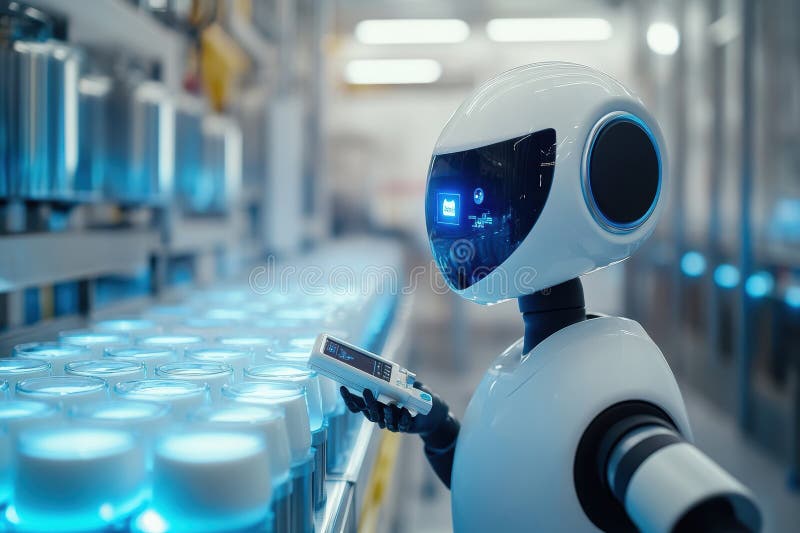 Robotica casearia analizza campioni di latte in un impianto di trasformazione avanzato. Generative AI illustrazione di stock