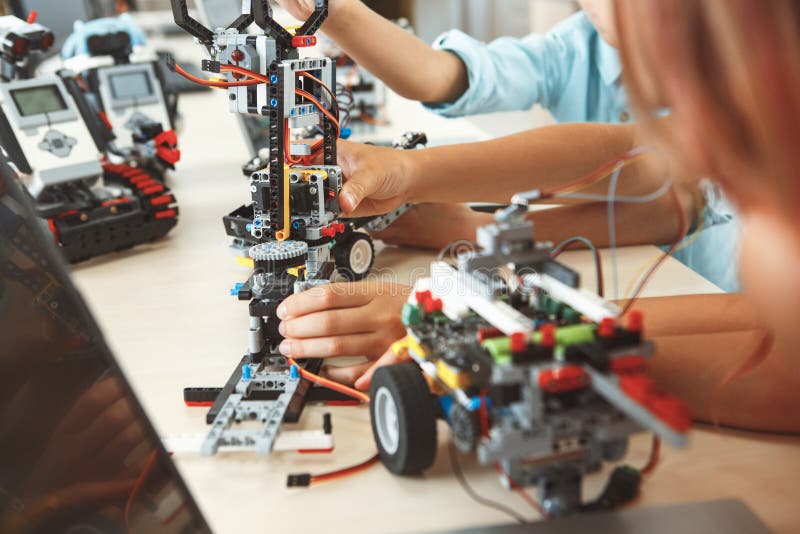 Robotics. Children Having Class Making Robots Close-up Stock Photo ...