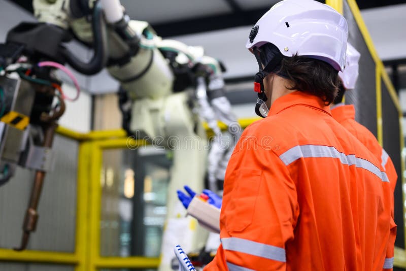 Robotics Controller Engineers Working and Solving Problems on Machine