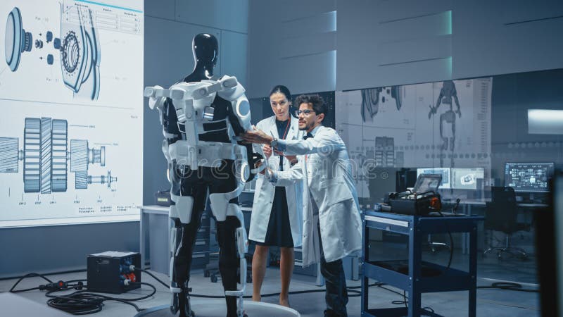In Robotics Development: International Team of Engineers and Scientists Work on Robotics Exoskelet royalty free stock image