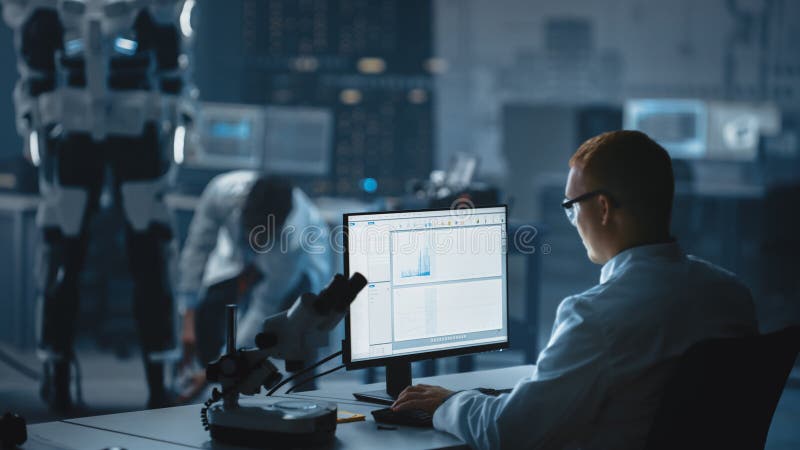 In Robotics Development Laboratory: Chief Analyst Uses Computer, Top Male Scientist Work on Bionic royalty free stock image