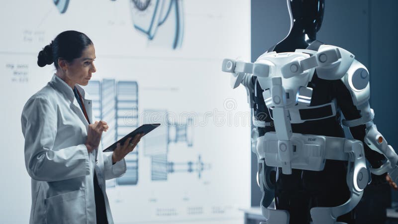In Robotics Development Laboratory: Chief Female Engineer Works on Bionics Exoskeleton Prototype. stock images