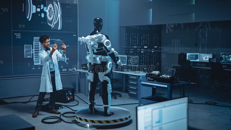 In Robotics Development Laboratory: Engineer Uses Digital Tablet Computer with Augmented Reality t royalty free stock photos