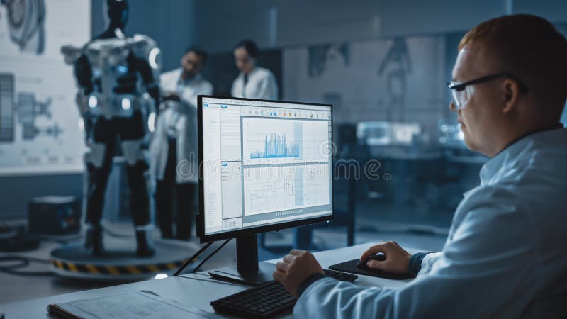 In Robotics Development Laboratory: Over the Shoulder Shot of a Chief Analyst Using Computer, Top royalty free stock photography