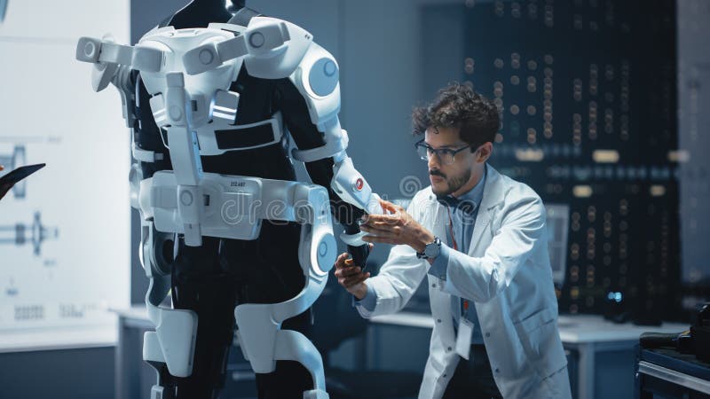 In Robotics Development Laboratory: Top Male Scientist Works on a Bionics Exoskeleton Prototype. T stock photos