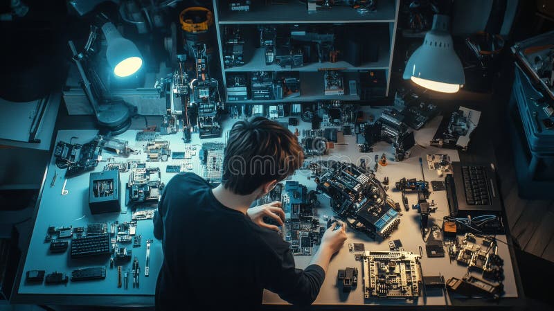 Robotics engineer focuses on assembling a robot in a well equipped workshop with advanced tools and materials stock images