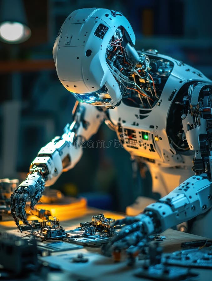 Robotics engineer skillfully assembles a complex robot in a workshop environment during evening hours. Generative AI stock photos
