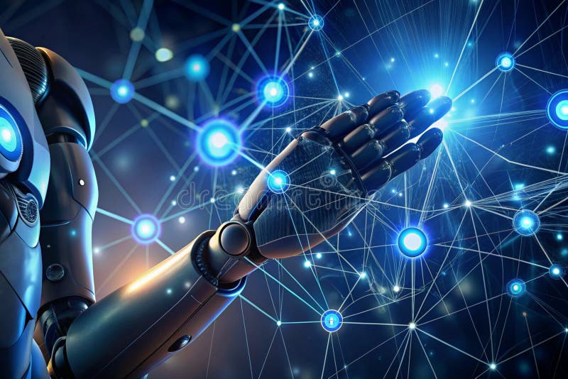 Robotics hand touching an AI icon, generative artificial intelligence. Process automation and data analysis. royalty free stock photos