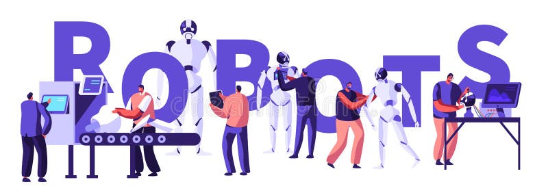 Robotics Hardware and Software Engineering in Laboratory with Hi-Tech Equipment Concept. Engineers Making and Programming Robots royalty free illustration