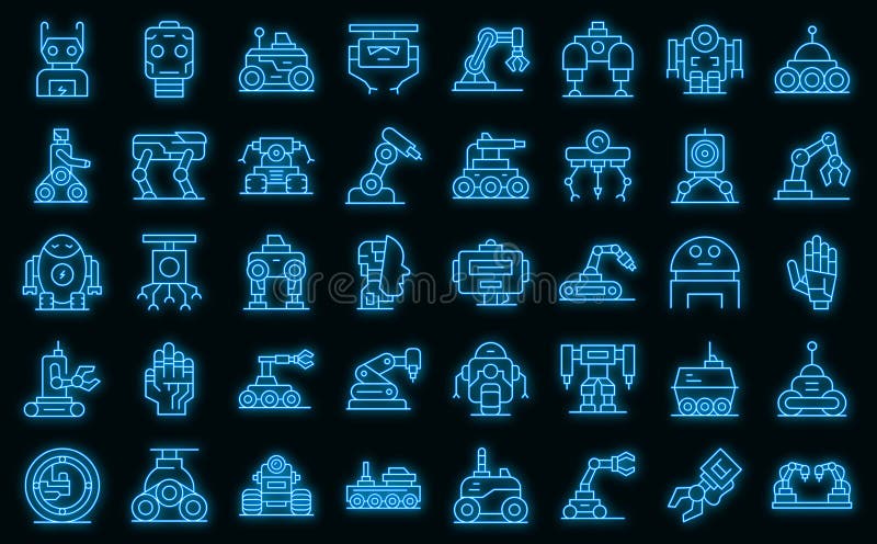 Robotics icons set outline vector. Smart tech. Future robot vector neon. Robotics icons vectors