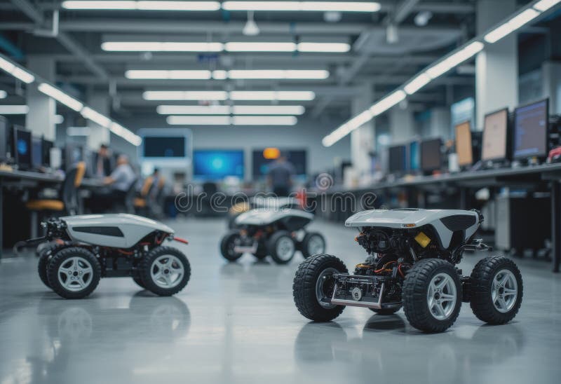Robotics lab featuring mobile robot chassis on charging dock with toolkits stock photography