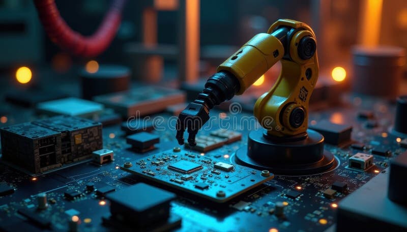 Robotics project under construction, circuit boards robotic arm visible , gear, mechanism royalty free illustration